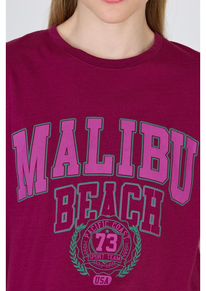 Bordo Yazı Baskılı %100 Pamuk Oversize Tişört 2150-17M fırsatları