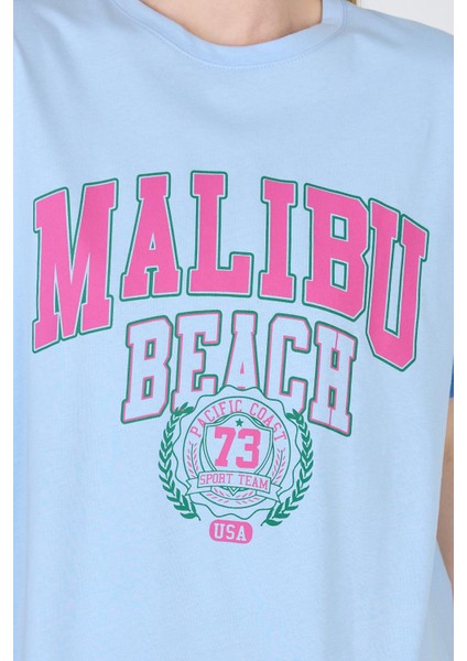 Mavi Yazı Baskılı %100 Pamuk Oversize Tişört 2150-17M fırsatları