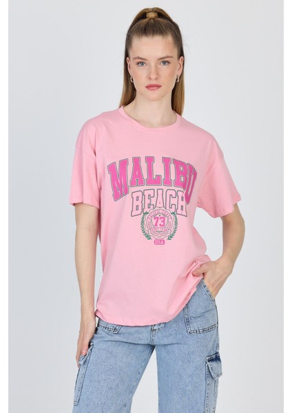 Pembe Yazı Baskılı %100 Pamuk Oversize Tişört 2150-17M