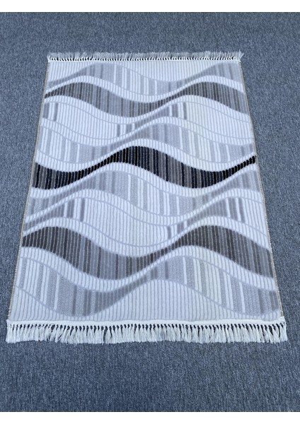 3996 Nss Gri Beyaz Siyah 93X120 Kesme Akrilik Saçaklı Halı