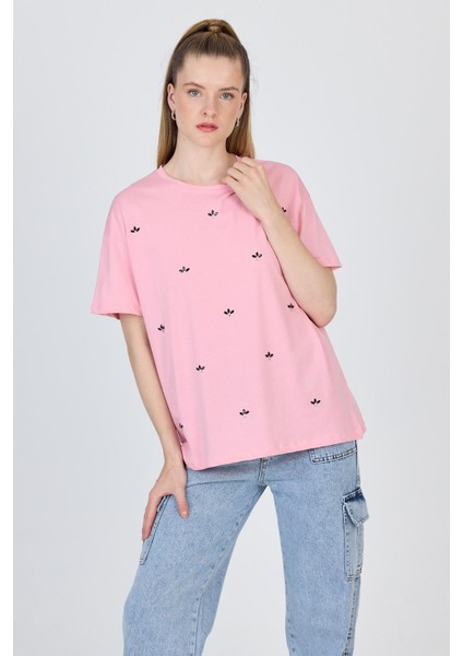 Pembe Yazı Baskılı %100 Pamuk Oversize Tişört 2150-18M