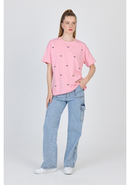 Pembe Yazı Baskılı %100 Pamuk Oversize Tişört 2150-18M fiyatları
