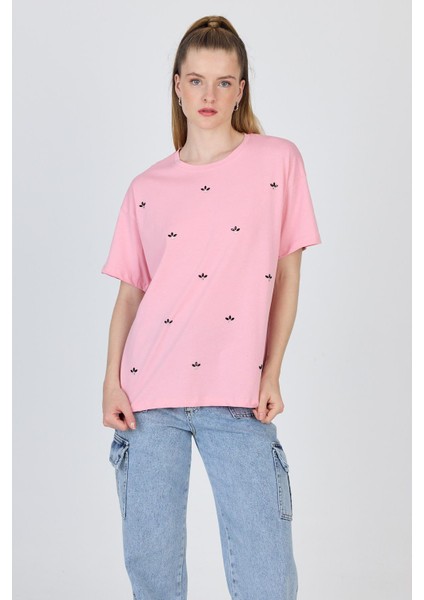 Pembe Yazı Baskılı %100 Pamuk Oversize Tişört 2150-18M modelleri