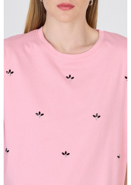Pembe Yazı Baskılı %100 Pamuk Oversize Tişört 2150-18M fırsatları