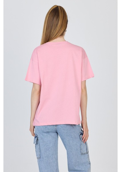 Pembe Yazı Baskılı %100 Pamuk Oversize Tişört 2150-18M indirimleri
