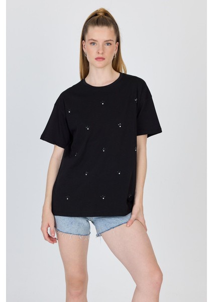 Siyah Yazı Baskılı %100 Pamuk Oversize Tişört 2150-18M