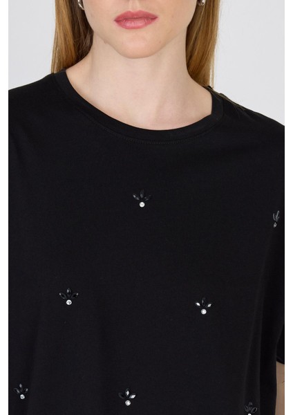 Siyah Yazı Baskılı %100 Pamuk Oversize Tişört 2150-18M fırsatları