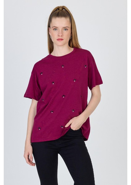 Bordo Yazı Baskılı %100 Pamuk Oversize Tişört 2150-18M