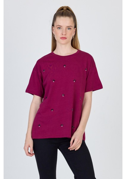 Bordo Yazı Baskılı %100 Pamuk Oversize Tişört 2150-18M fiyatları