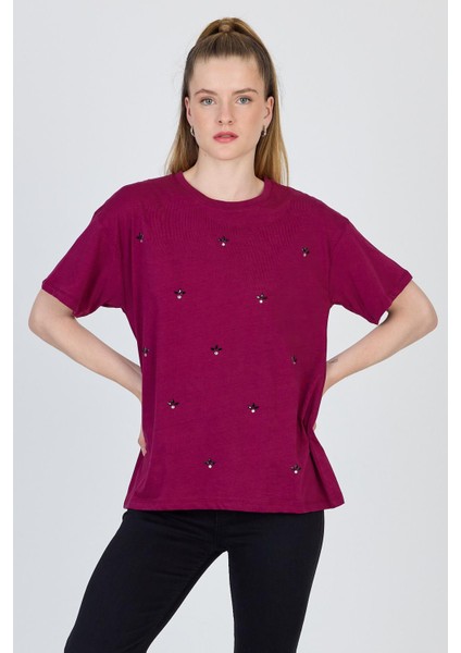 Bordo Yazı Baskılı %100 Pamuk Oversize Tişört 2150-18M modelleri