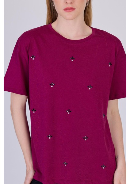 Bordo Yazı Baskılı %100 Pamuk Oversize Tişört 2150-18M fırsatları