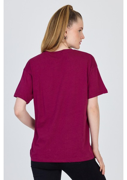 Bordo Yazı Baskılı %100 Pamuk Oversize Tişört 2150-18M indirimleri