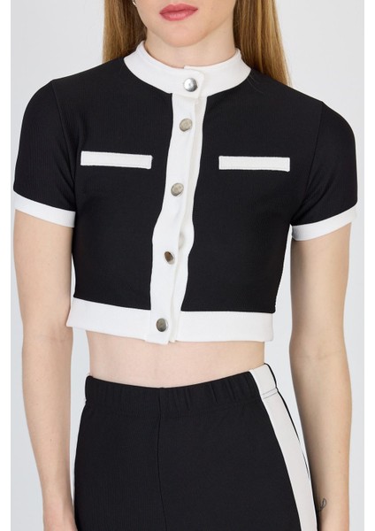 Siyah Düğmeli Crop Bluz & Şeritli Palazzo Pantolon Takım 2214 modelleri