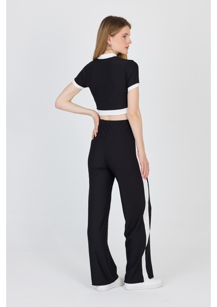 Siyah Düğmeli Crop Bluz & Şeritli Palazzo Pantolon Takım 2214 indirimleri