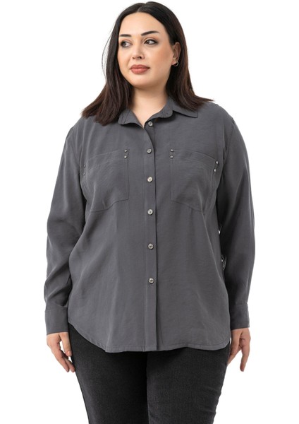 Büyük Beden Torba Cepli Rivetli Antrasit Gömlek