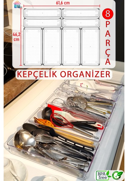 8 Parça Kepçelik Seti Tahta Kaşık Bıçak Modüler Organizer