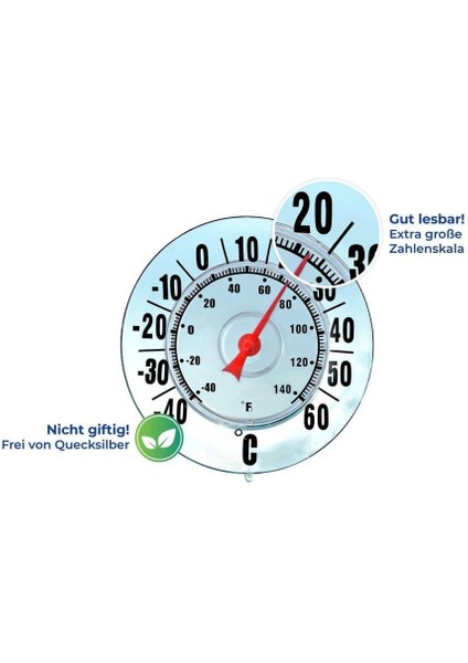 Büyük Ekranlı Dış Mekan Termometresi – Cıvasız, 18 cm Çap, Santigrat & Fahrenheit, Vantuzlu Pencere Montajı