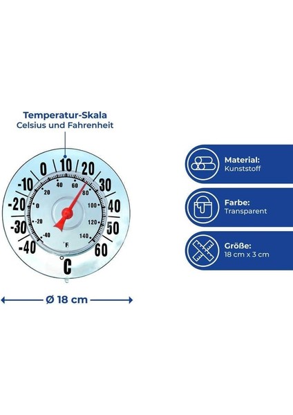 Büyük Ekranlı Dış Mekan Termometresi – Cıvasız, 18 cm Çap, Santigrat & Fahrenheit, Vantuzlu Pencere Montajı