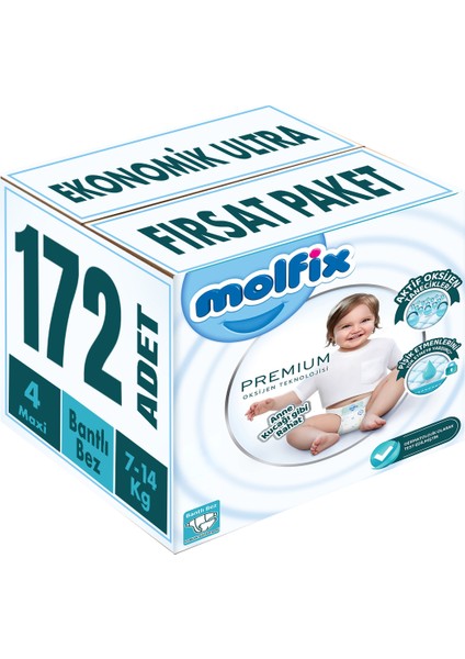 Premium Bebek Bezi Beden:4 (7-14KG) Maxi 172 Adet Ekonomik Ultra Fırsat Pk