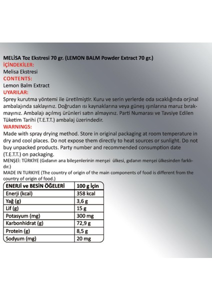 Melisa Toz Ekstresi (Melissa Officinalis L.)70 gr Cam Kavanoz fiyatları