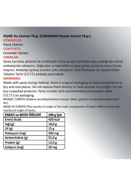 Kişniş Toz Ekstresi (Coriandrum sativum)70 gr Cam Kavanoz
