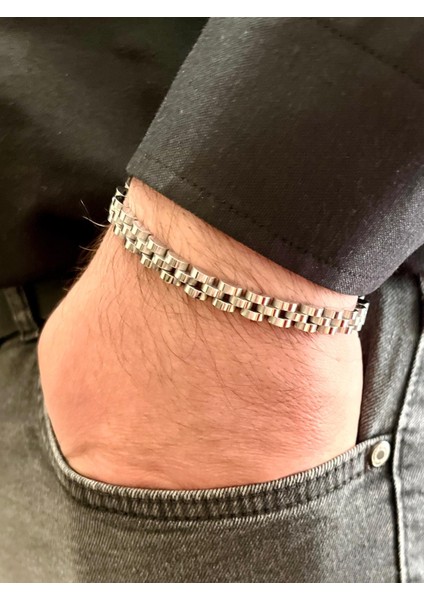 Rolex Model Sade Ince Şık Çelik Paslanmaz Erkek Bileklik 21 Cm-3,5mm