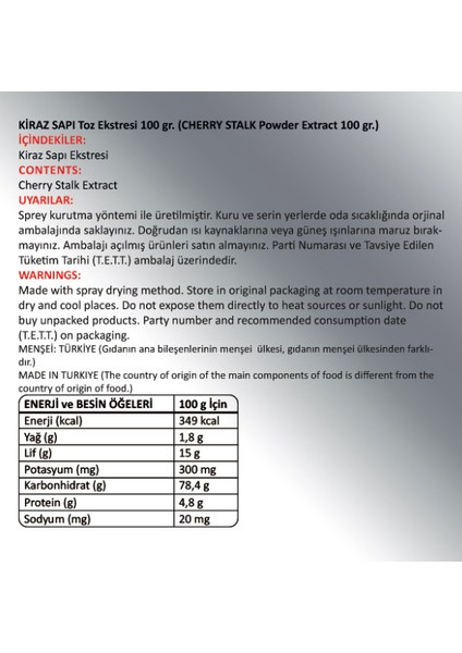 Kiraz Sapı Toz Ekstresi 100 gr. Cam Kavanoz fiyatları