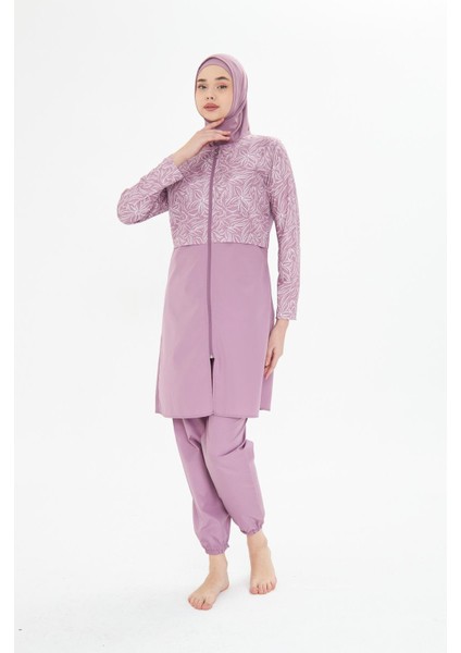 Tam Kapalı Desenli Yarım Paraşüt Kumaş Tesettür Mayo Pembe 3478-P