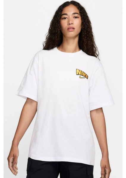 Sportswear Loose Fit Graphic Backprint Cotton T-Shirt Kadın Bol Kesim Pamuklu Tişört Beyaz