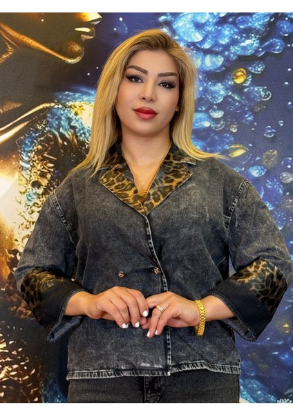 Gri Renk Leopar Desenli,düğmeli,kot Ceke fırsatları
