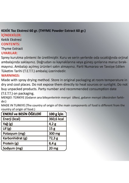 Kekik Toz Ekstresi (Thymus)60 gr Cam Kavanoz fiyatları