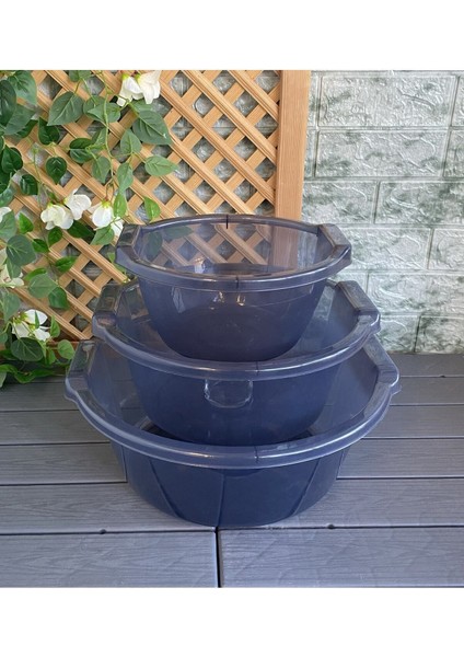 3'lü Badya Set Antrasit Renk Yuvarlak Bulaşık Leğen Plastik Badya Erzak Kabı