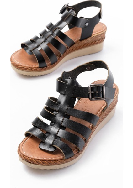 731-204 Siyah Hakiki Deri Dolgu Topuklu Günlük Kadın Sandalet modelleri