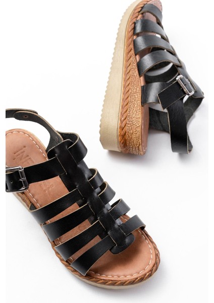 731-204 Siyah Hakiki Deri Dolgu Topuklu Günlük Kadın Sandalet fırsatları