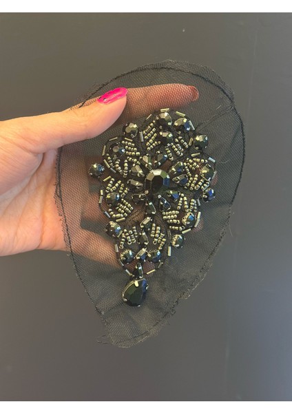 Dikme Cam Taş Işleme Siyah Apolet Aplike Dikiş Aksesuarı 13X9 cm
