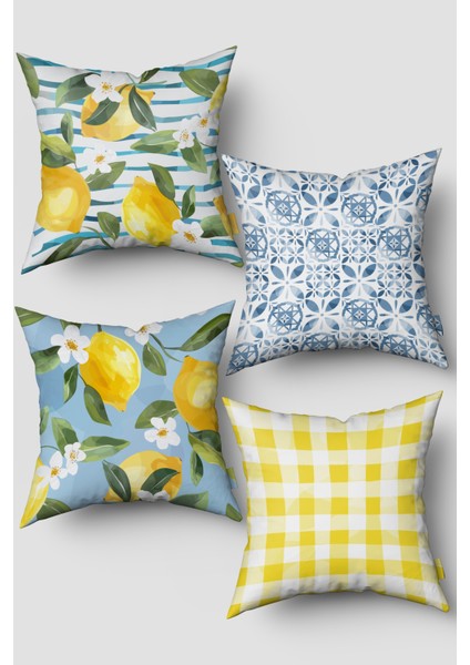 Sarı Mavi Limon Çiçek Desenli Dekoratif 4'lü Kırlent Kılıfı Seti