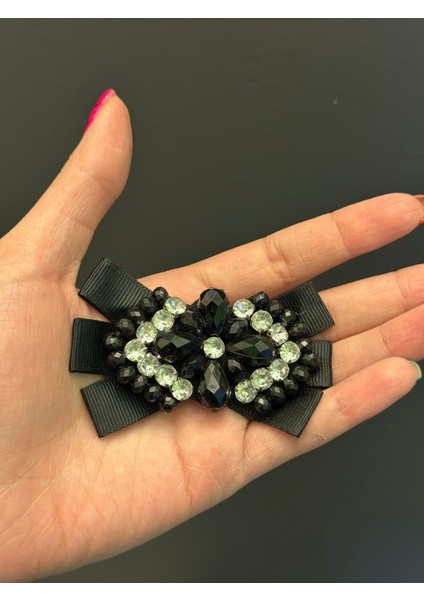 Siyah Zirkon Taşlı Boncuklu Fiyonk Dikiş Aksesuarı 9x5 cm modelleri