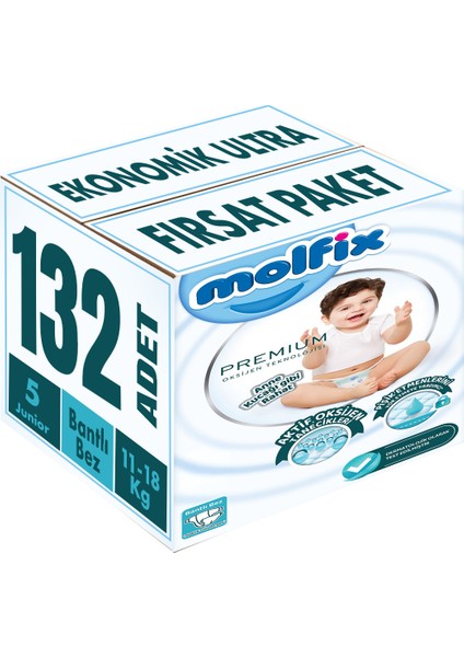 Premium Bebek Bezi Beden: 5 (11- 18KG) Junior 132 Adet Ekonomik Ultra Fırsat Pk