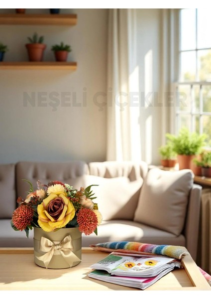 Yapay Çiçek Aranjmanı Silindir Kutuda Renkli Dekoratif Çiçek 30X30 cm Bayram Hediyesi Oda Dekorasyonu Ev Aksesuarı