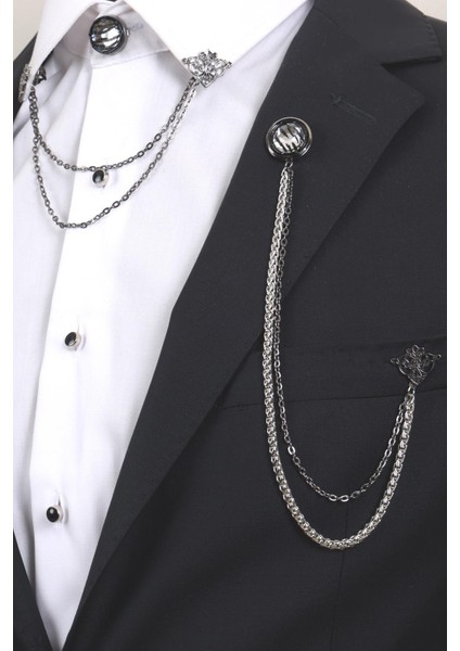 3’lü Siyah Beyaz Taşlı Erkek Yaka Broş Seti – Zincirli Ceket ve Gömlek Aksesuarı (BRS04)