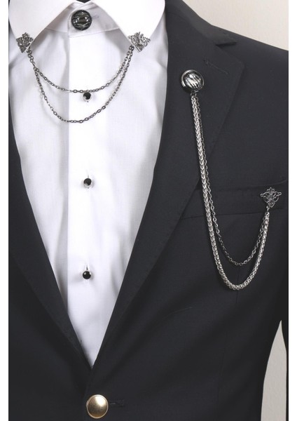 3’lü Siyah Beyaz Taşlı Erkek Yaka Broş Seti – Zincirli Ceket ve Gömlek Aksesuarı (BRS04) modelleri