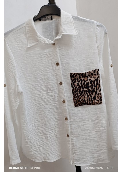 Büyük Beden % 100 Pamuk Leopar Cep Detaylı Katlanabilir Kollu 65 cm Boy Gömlek