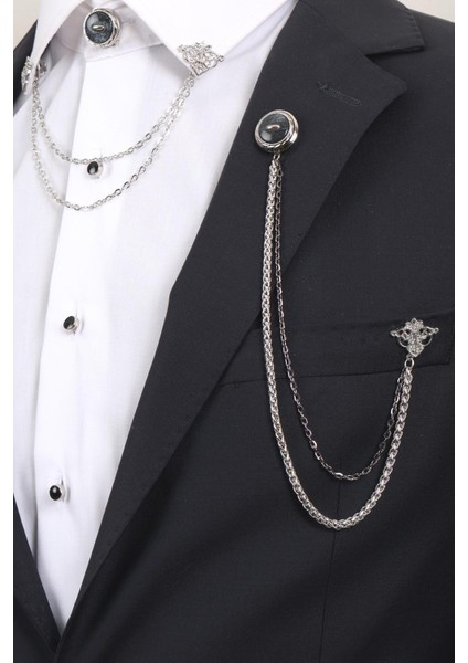 Gümüş Renk Desenli Yaka Broş Seti – 3 Parça Zincirli Takım Elbise Aksesuar Seti (BRS23)