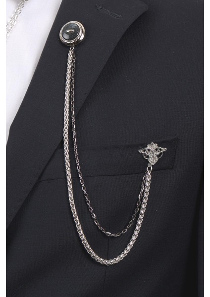 Gümüş Renk Desenli Yaka Broş Seti – 3 Parça Zincirli Takım Elbise Aksesuar Seti (BRS23) fiyatları
