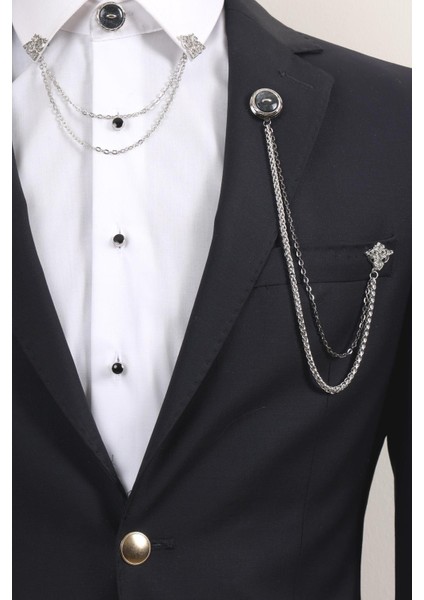 Gümüş Renk Desenli Yaka Broş Seti – 3 Parça Zincirli Takım Elbise Aksesuar Seti (BRS23) modelleri