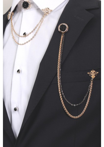 3’lü Siyah Desenli Gold Yaka Broş Seti – Zincirli Altın Renk Erkek Ceket & Gömlek Takı Aksesuarı (BRS08)