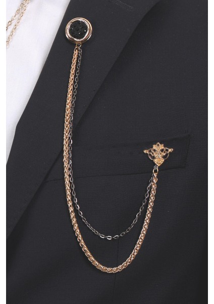 3’lü Siyah Desenli Gold Yaka Broş Seti – Zincirli Altın Renk Erkek Ceket & Gömlek Takı Aksesuarı (BRS08) fiyatları