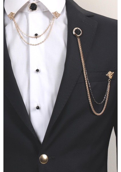 3’lü Siyah Desenli Gold Yaka Broş Seti – Zincirli Altın Renk Erkek Ceket & Gömlek Takı Aksesuarı (BRS08) modelleri