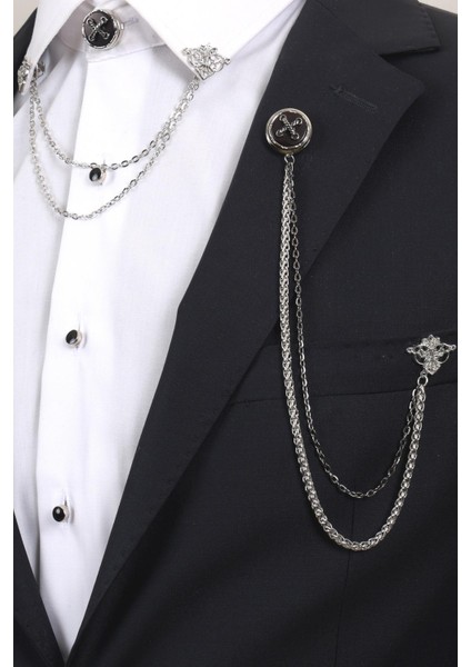 Gümüş Renk Halat Desenli Yaka Broş Seti – 3 Parça Zincirli Takım Elbise Gömlek Yaka Seti (BRS18)