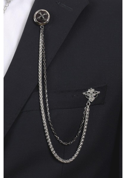 Gümüş Renk Halat Desenli Yaka Broş Seti – 3 Parça Zincirli Takım Elbise Gömlek Yaka Seti (BRS18) fiyatları